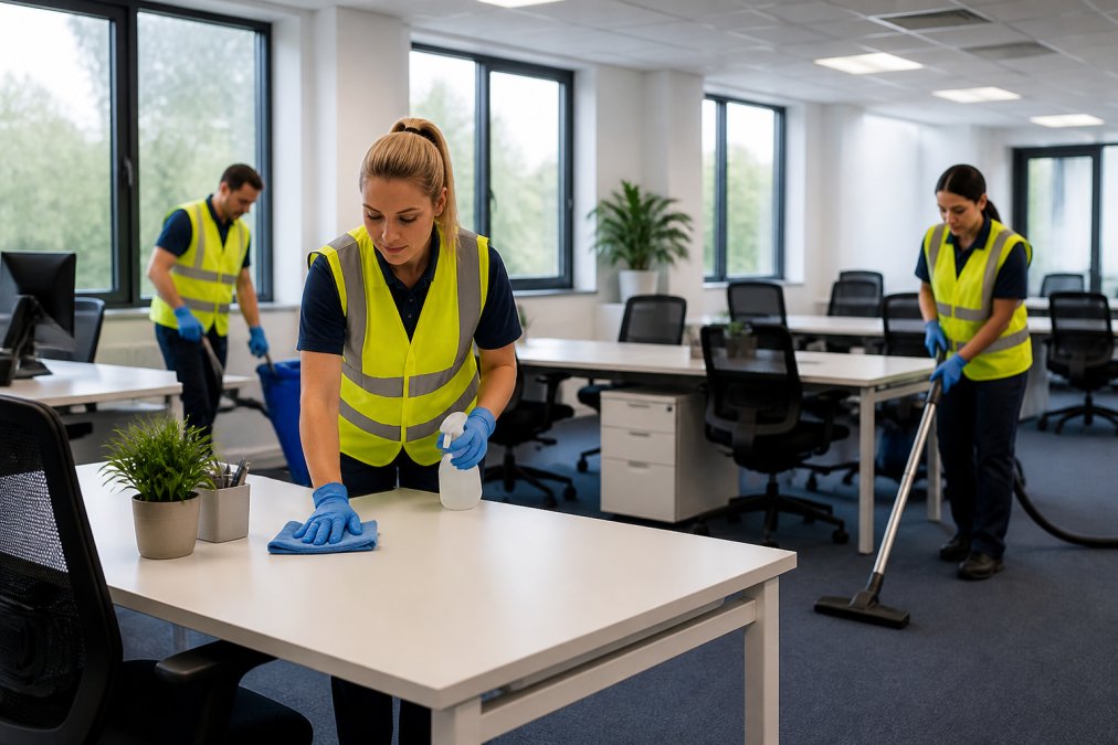 Professional cleaning team in high-visibility uniforms working efficiently in modern office space, wiping down desks and sanitising surfaces with equipment, natural daylight through windows