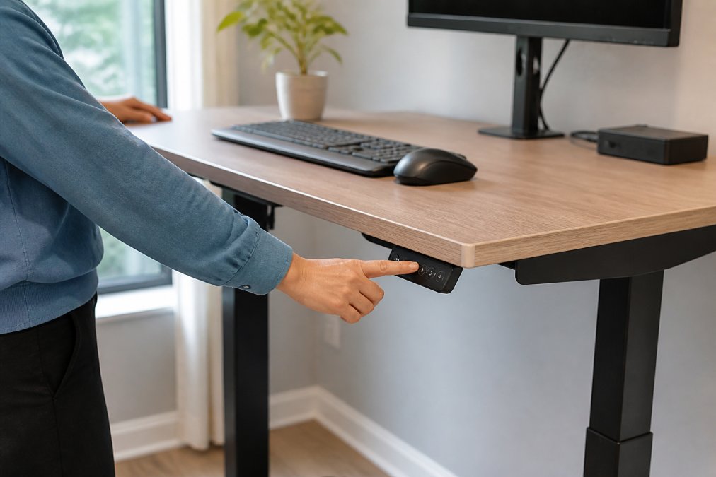 Close-up of a person's hands pressing the height control panel on a modern standing desk in a bright home office, monitor and keyboard visible, soft window light