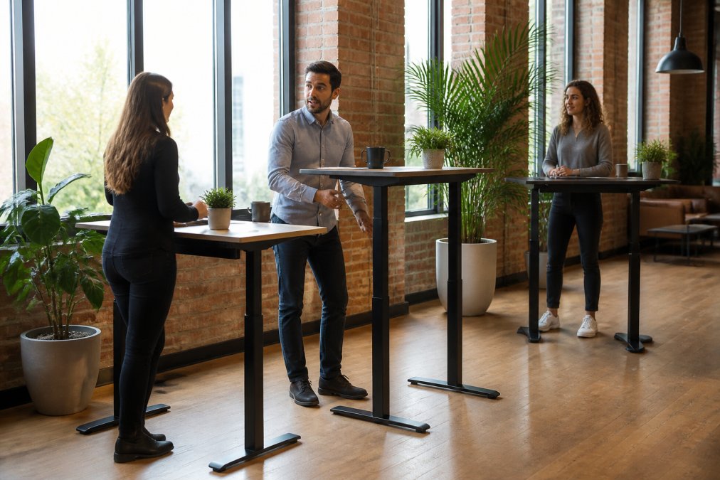 A small team of startup employees working at standing desks in a bright, modern office with large windows and potted plants, one person adjusting their desk height mid-conversation