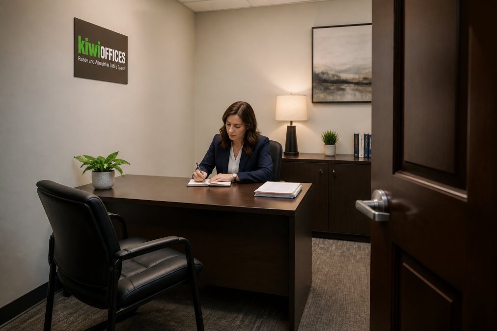 A consultant working alone in a quiet, furnished private office suite with a closed door, desk, and professional decor