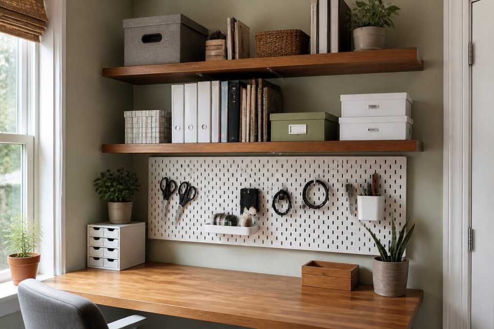 Wall-mounted pegboard and floating shelves providing clever office storage solutions in a compact home workspace