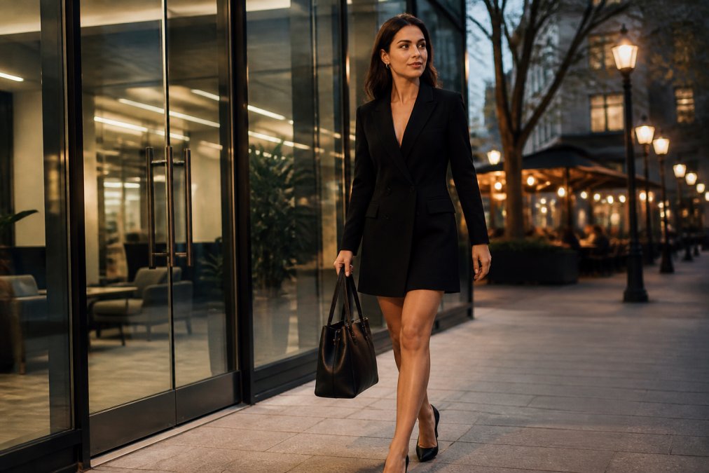 A woman in a chic black blazer dress walking from a modern glass office building toward a restaurant at dusk, holding a structured leather tote, warm street lighting, confident stride