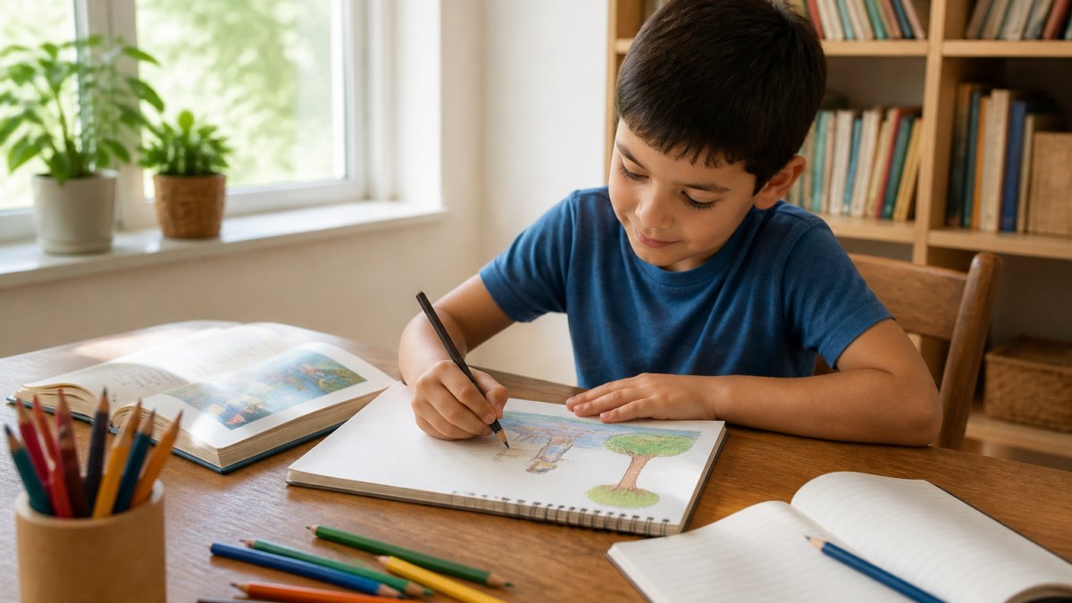 A child sitting at a wooden table with an open book, colored pencils, and a notebook, drawing a story scene in a bright room with natural light