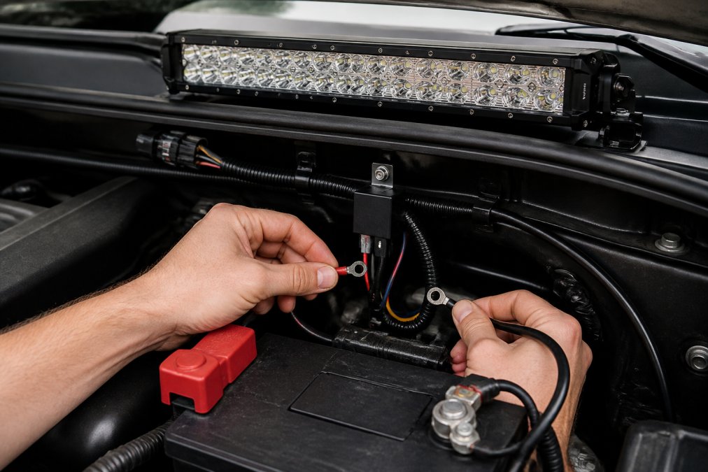 Close-up of hands installing wiring harness under vehicle hood, showing relay mounted near battery, color-coded wires being connected to positive and negative terminals, LED light bar power connector visible in background