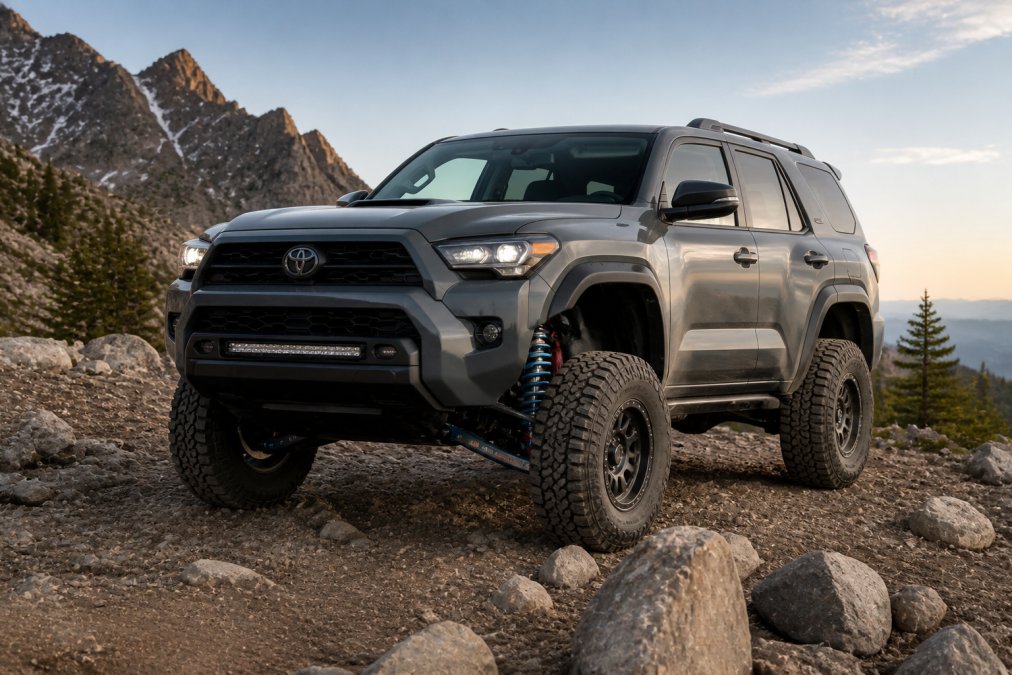 Lifted SUV parked on a rocky trail with visible coilover suspension and control arms at sunset