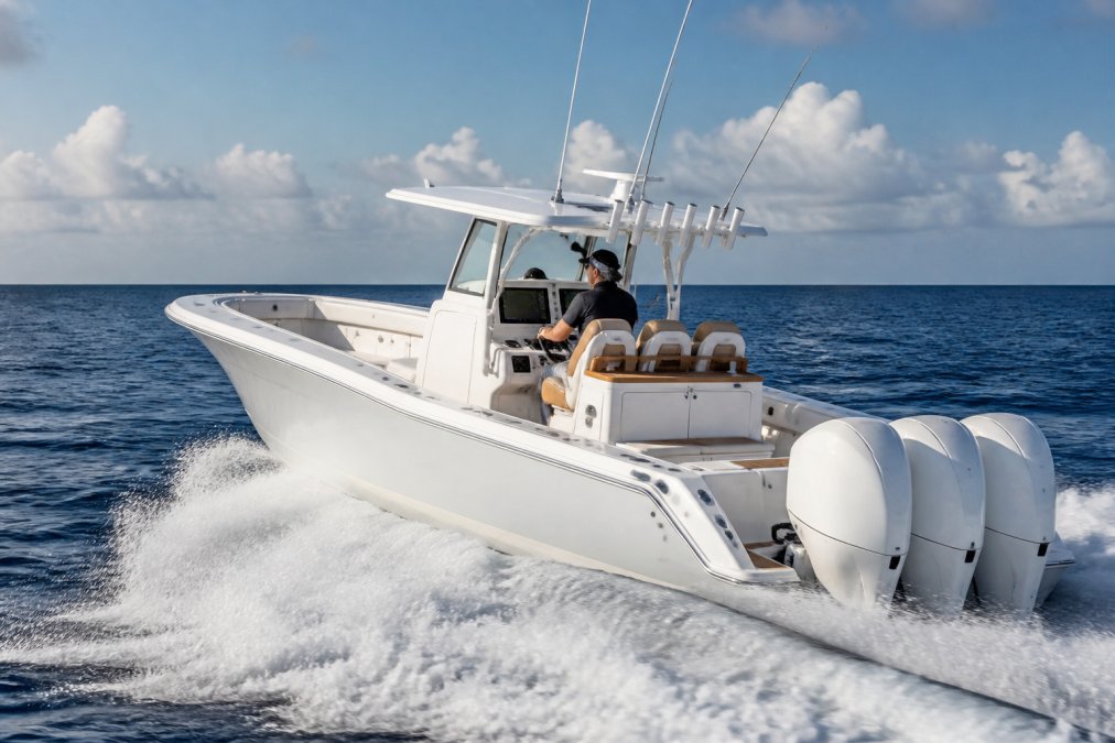 A high-performance offshore center console running at full speed on open blue Atlantic water off South Florida, triple outboard engines visible at the transom, white ocean spray rising from the bow, shot from a low chase-boat angle in bright midday sunlight