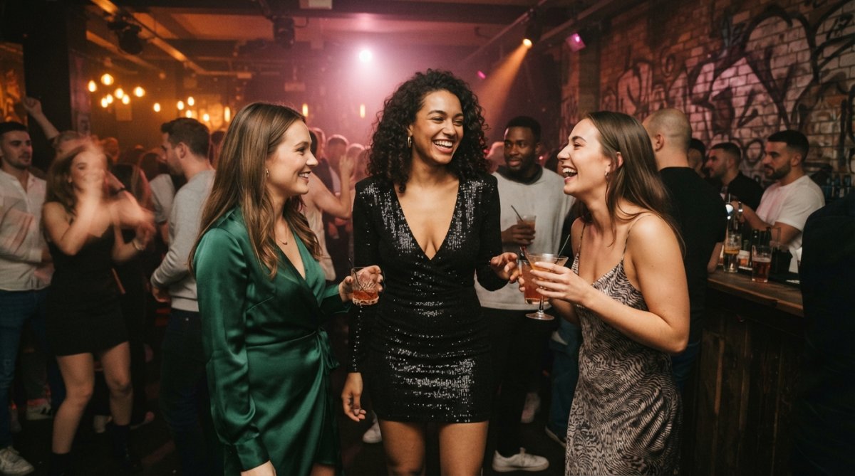Woman wearing a form-fitting deep V-neckline bodycon mini dress in a nightclub setting with warm ambient lighting and confident stance