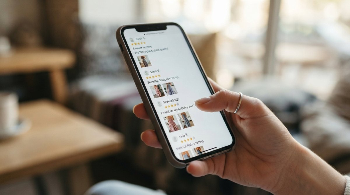 Close-up of a smartphone screen showing customer star ratings and written reviews for a dress, with a woman's hand scrolling through testimonials and product photos