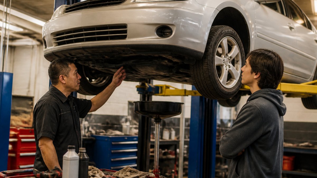 A technician in a clean independent repair shop guiding a customer through an oil change on a lifted Japanese sedan, warm overhead lighting, tools visible on a nearby bench