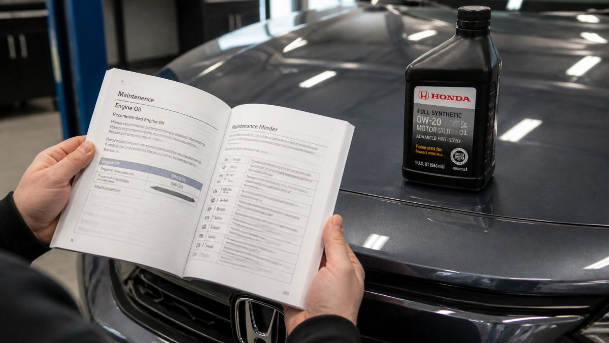 Hands holding an owner's manual next to 0W-20 synthetic oil, the best oil for 2026 Honda Civic maintenance.