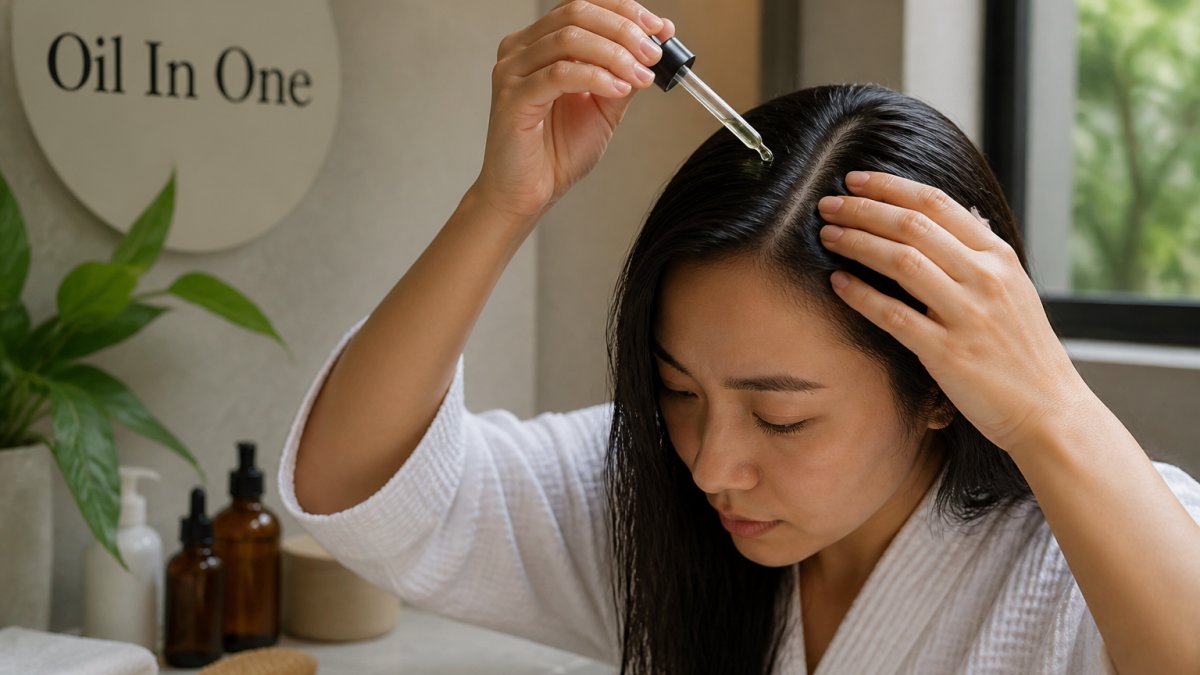 Close-up of a woman with dark hair parting her hair to apply oil directly to the scalp with a dropper, bathroom setting with soft natural light