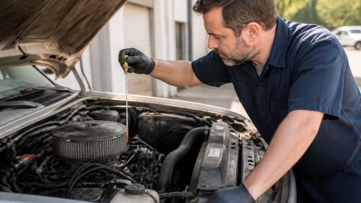 Professional mechanic checking oil level in an older car engine with dipstick, showing clear visibility of the engine bay and amber oil color on a sunny day