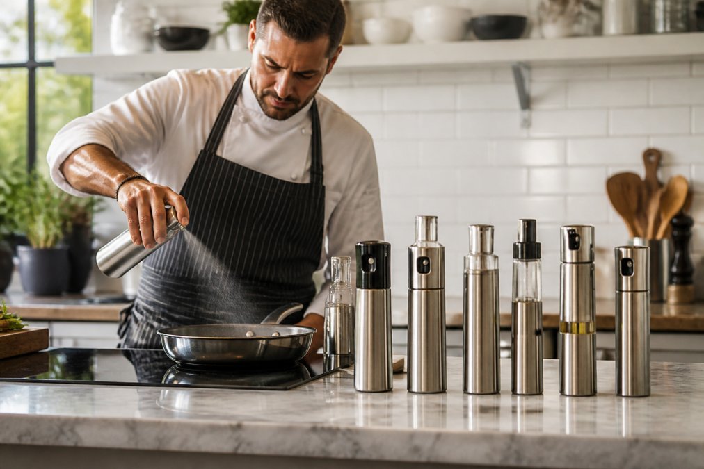 Professional chef demonstrating even oil coating technique with multiple stainless steel sprayers lined up on a marble kitchen counter, showing fine mist patterns over a hot pan with natural window lighting