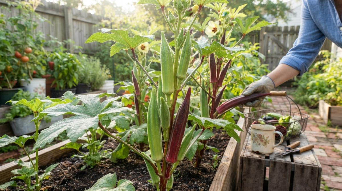 Close-up of mature okra plants with green and burgundy pods at various stages of harvest maturity, showing tender, spineless pod characteristics in a Southern garden setting with morning dew