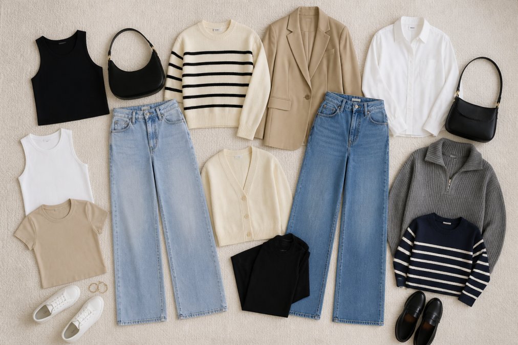 Flat lay of coordinated capsule wardrobe pieces including high-waisted wide-leg jeans in light blue and dark blue washes, neutral-colored fitted tops, oversized sweaters, structured blazer, and layering pieces arranged to show styling versatility