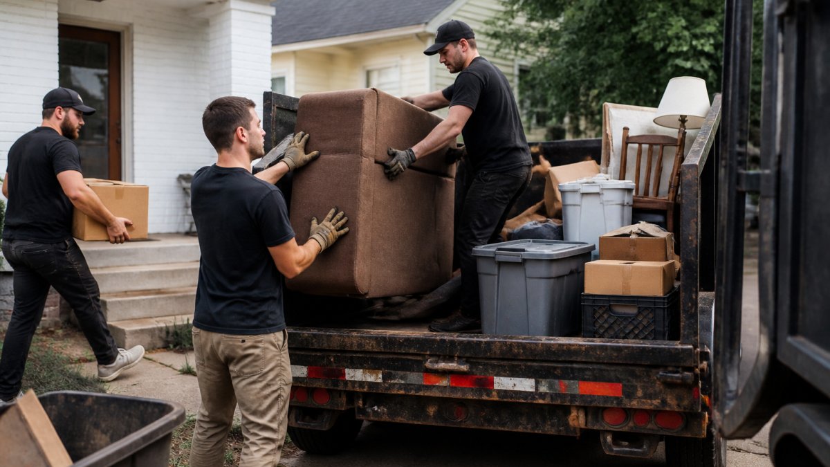 Professional junk removal crew loading furniture, boxes, and household items into a truck bed during a residential property cleanout with organized efficiency