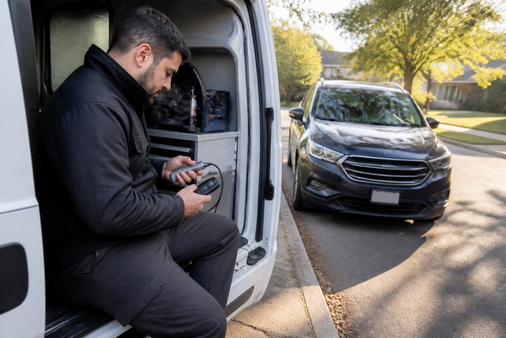 A locksmith technician in a work van programming a car key fob while the customer's vehicle is parked on a residential street in Northern Virginia, late afternoon light