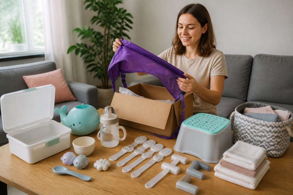 Parent unpacking baby supplies and household items at home, with items organized on a table including travel trays, safety protectors, bath accessories, and feeding tools in natural daylight