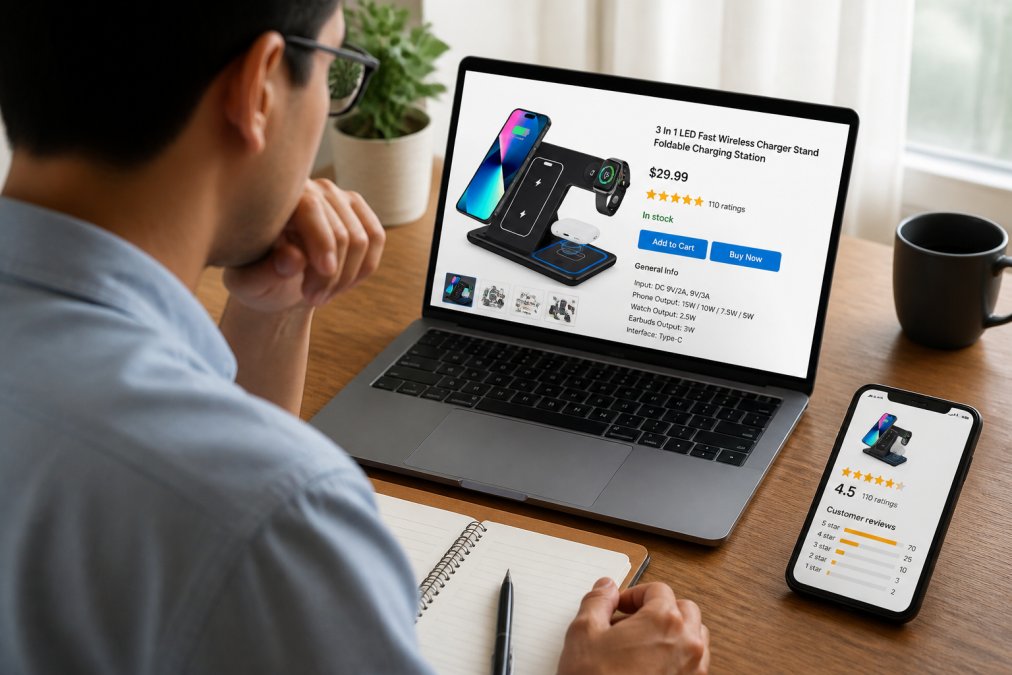 Person carefully reading product specifications and reviews on a laptop with a smartphone nearby showing customer ratings and detailed product information
