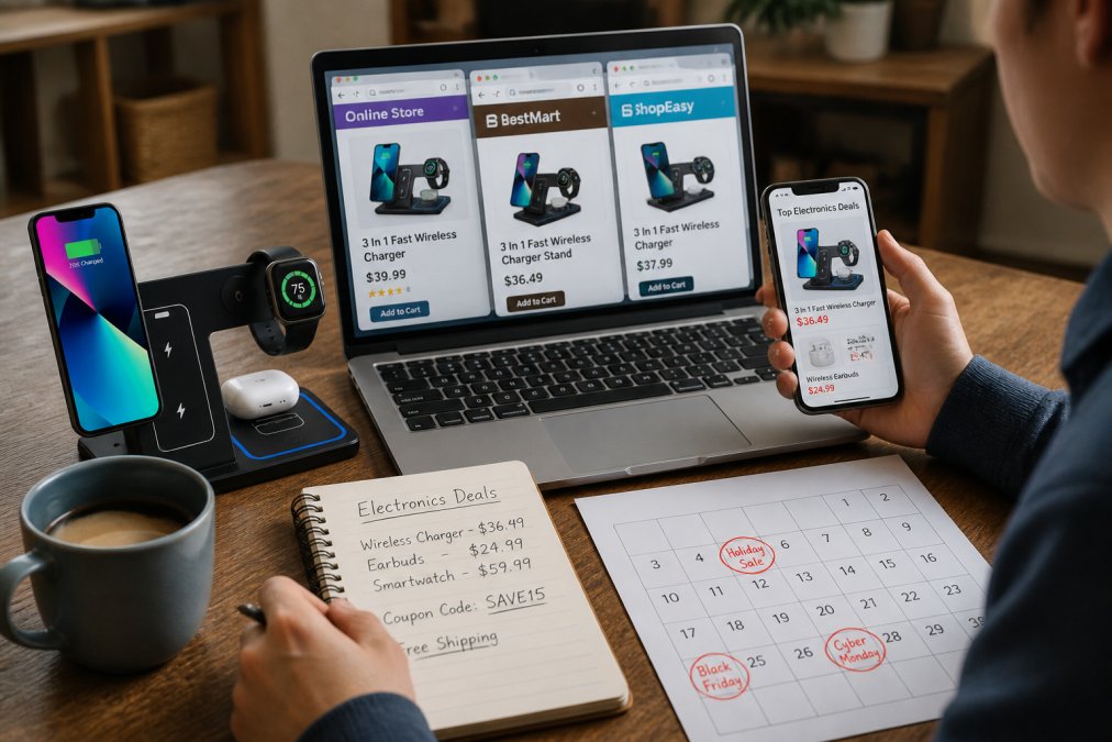 Shopper comparing prices across multiple browser tabs and windows with a smartphone showing deals, a notepad tracking discounts, and calendar marking seasonal sales events