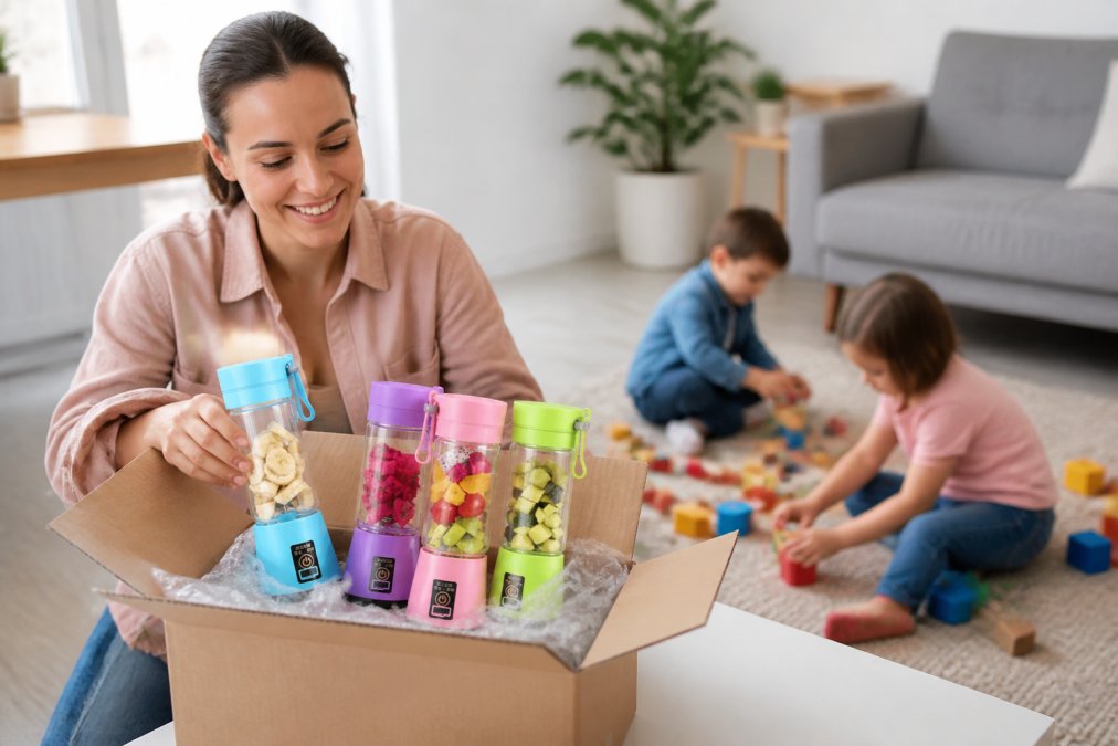 A busy parent unpacking a delivery box of household essentials at home, smiling with relief while children play in the background