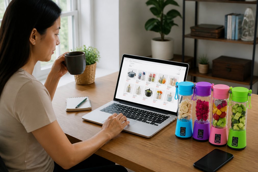 A person on a laptop browsing an online store with various household products visible, holding a cup of coffee at a home desk