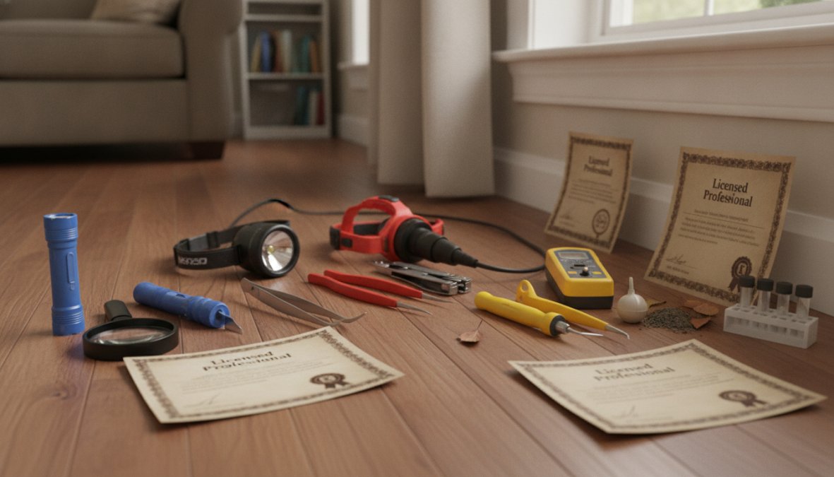 Licensed pest control technician in uniform performing professional inspection inside residential home using inspection tools near baseboards and entry points