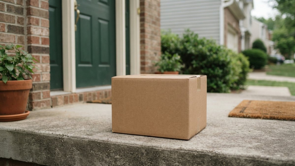 A plain brown cardboard shipping box sitting on a front doorstep with no branding, labels, or logos visible, soft natural daylight, quiet residential setting