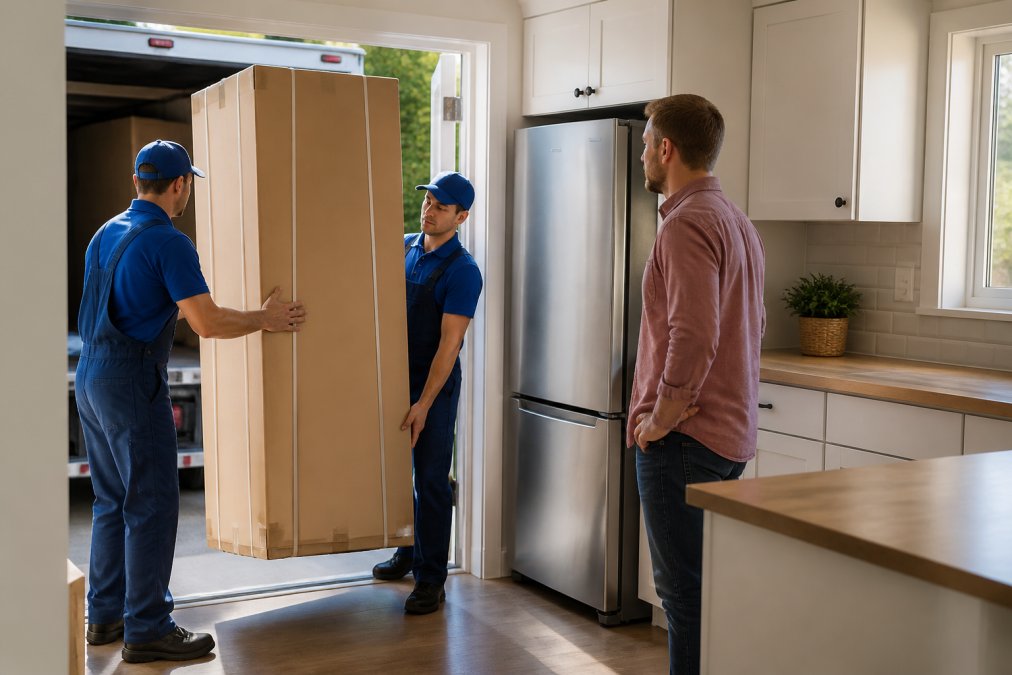 A delivery team in matching uniforms carefully carrying a large refrigerator box through a bright modern kitchen doorway while a homeowner watches