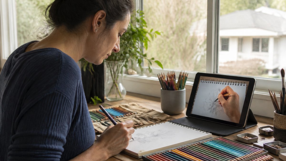 Adult student sitting at home art desk with sketchbook and colored pencils, concentrating on a drawing lesson displayed on a tablet beside them, natural window light streaming through