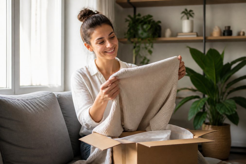 Woman examining a piece of clothing she received in a package at home, looking satisfied and confident with her purchase, natural window lighting