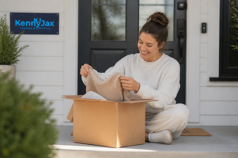 A woman in her late 20s wearing a cozy white loungewear set, smiling as she opens a delivered package on her front porch in daylight