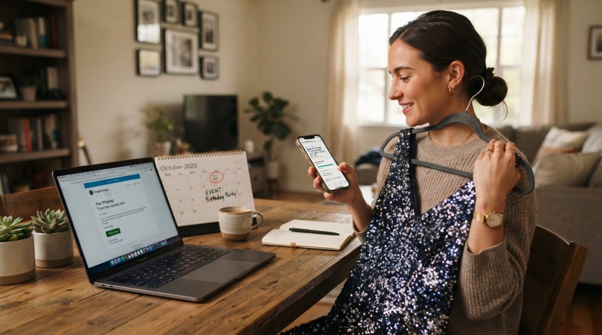 A woman checking her phone for a shipping tracking notification while holding a sparkly party dress on a hanger, with a calendar showing the days of the week and an open laptop visible on a wooden table nearby, warm indoor lighting