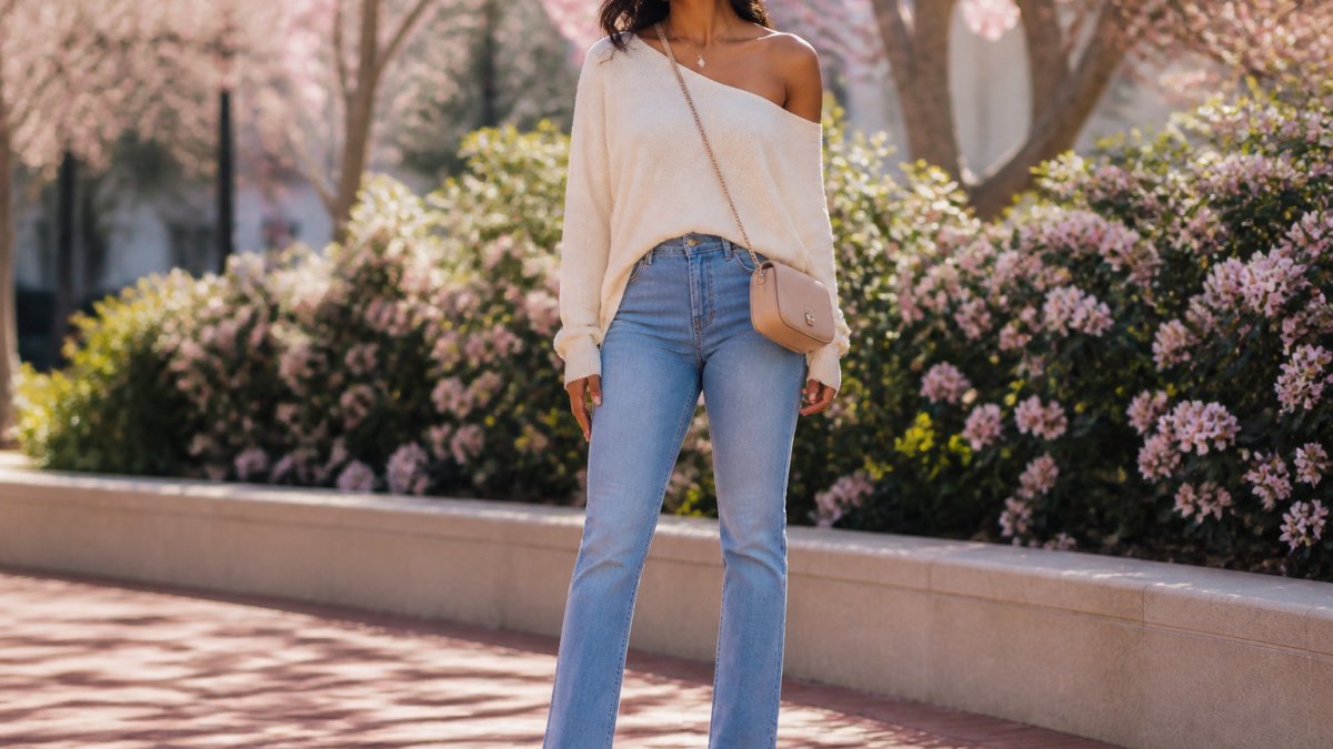 Woman wearing a soft off-shoulder asymmetrical sweater top in cream with high-waisted jeans, styled with strappy heels and a mini crossbody bag, standing in natural spring sunlight with blooming flowers in soft focus behind her