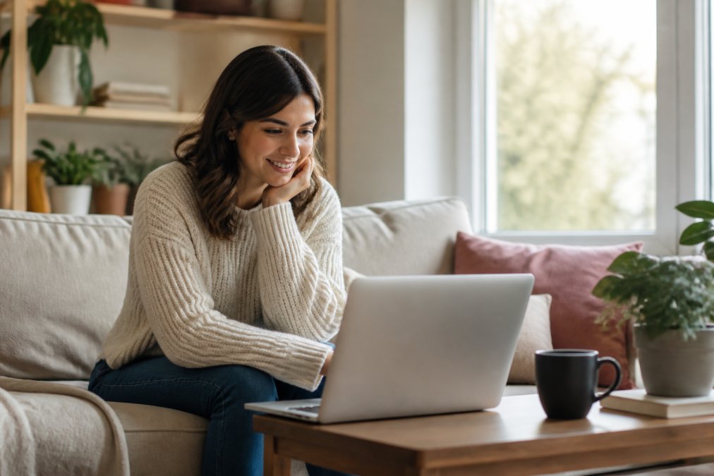 Woman shopping on a laptop at home, carefully reviewing product details and fit information on a boutique website, with a confident smile and natural daylight from a window illuminating her face