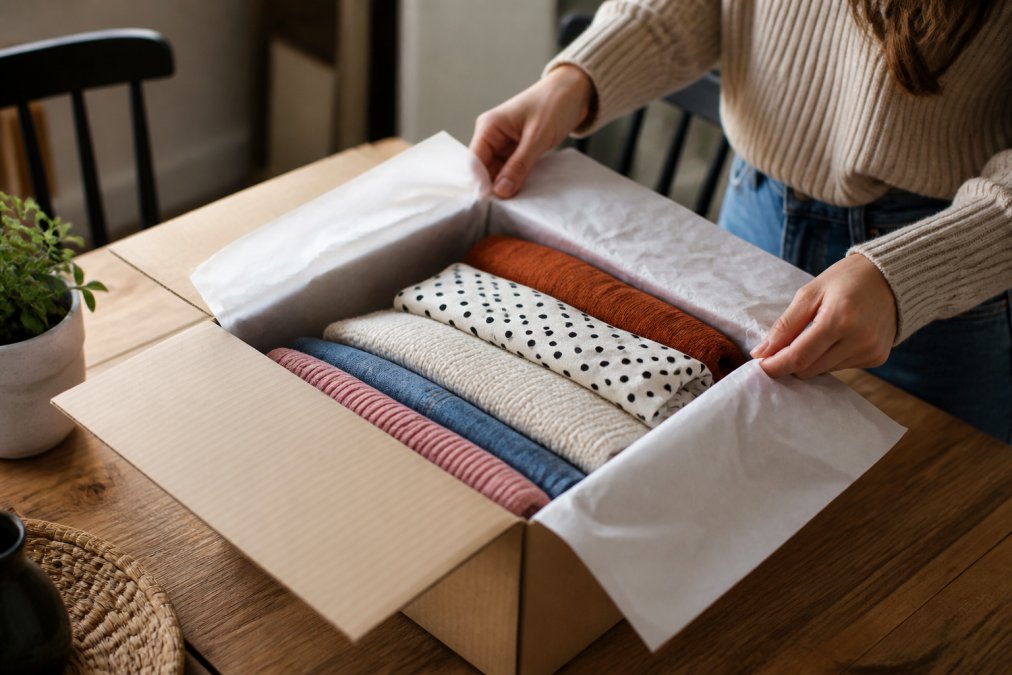 Cardboard shipping box with a boutique label being opened at a dining table, showing neatly folded clothing inside with tissue paper