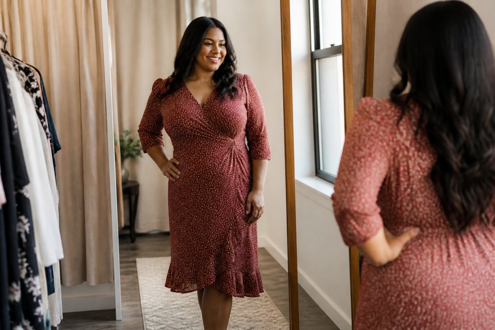Woman trying on a midi dress in a fitting room, checking the fit in the mirror with a satisfied expression, natural lighting from window