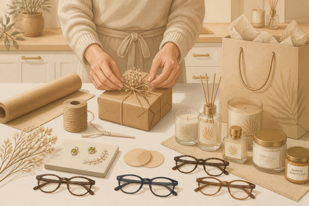 Person wrapping a small artisan gift in natural kraft paper with twine and a sprig of dried flowers on a cozy kitchen table, warm natural light, thoughtful gifting atmosphere