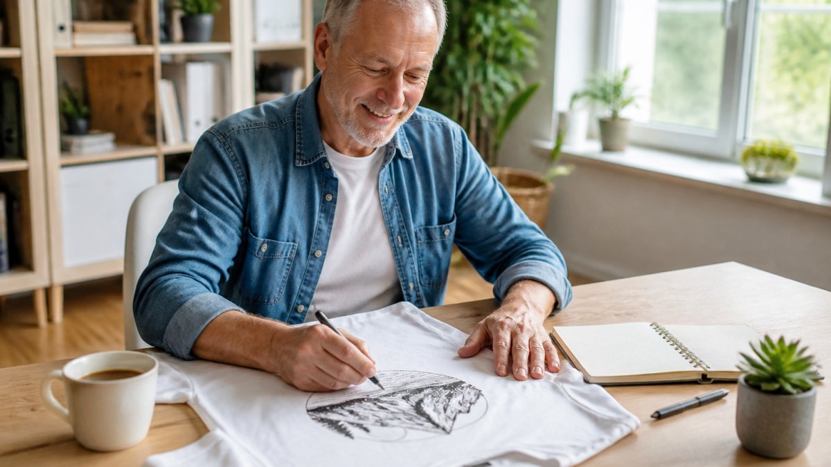 A retiree designing a custom t-shirt on a laptop to run an online business without inventory from a home office.