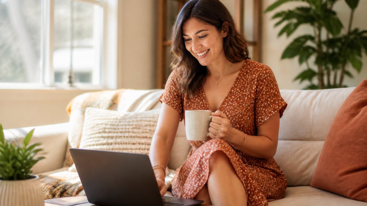 Smiling woman wearing a stylish midi dress while shopping online on a laptop at home