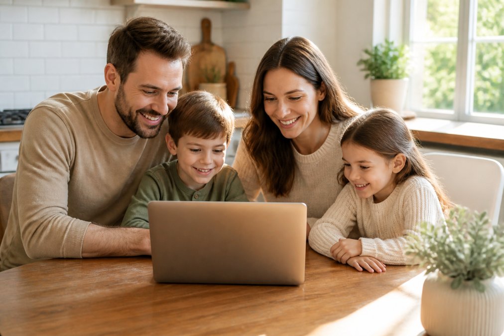 A smiling family of four, two parents and two young children, wearing coordinated casual outfits in soft earth tones, browsing clothing together on a laptop at a bright kitchen table with morning light coming through a window