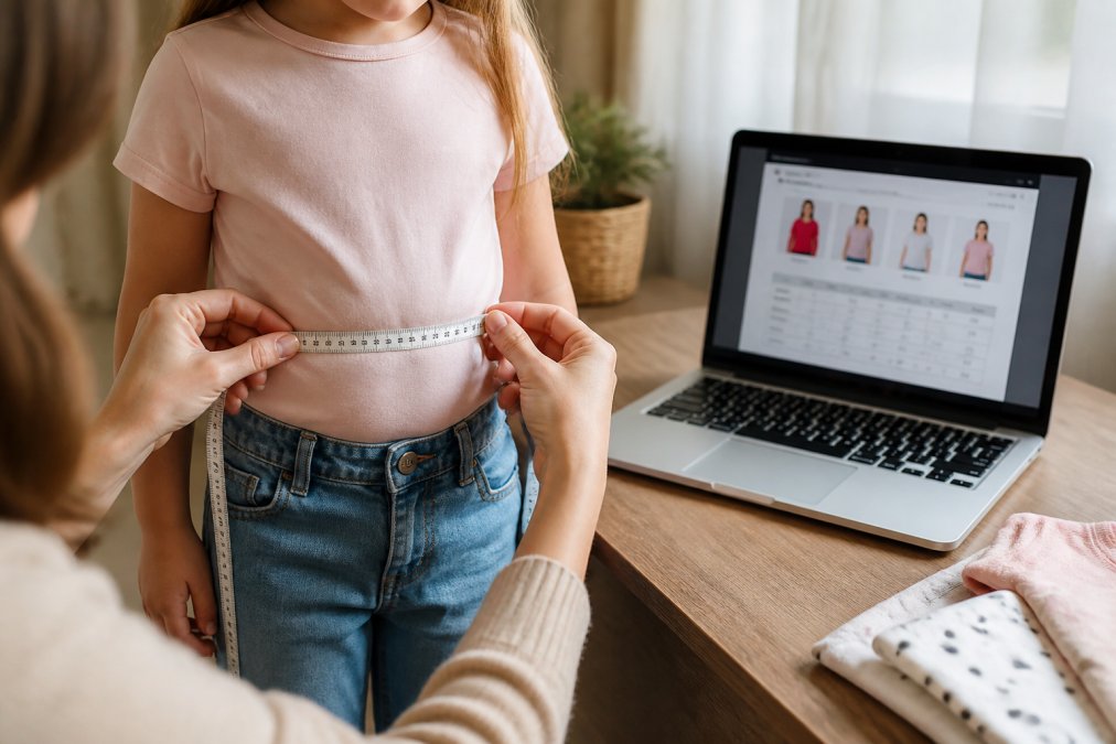 Close-up of a parent's hands holding a fabric measuring tape around a young child's waist, next to an open laptop on a wooden table displaying a size chart on a clothing website, warm indoor lighting