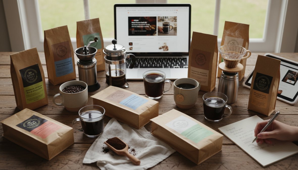 Close-up of [freshly](/blog/freshly-roasted-coffee-delivered) roasted whole bean coffee being poured from a kraft bag onto a worn wooden surface, with warm natural light casting shadows and a handwritten tasting notes card visible beside the bag