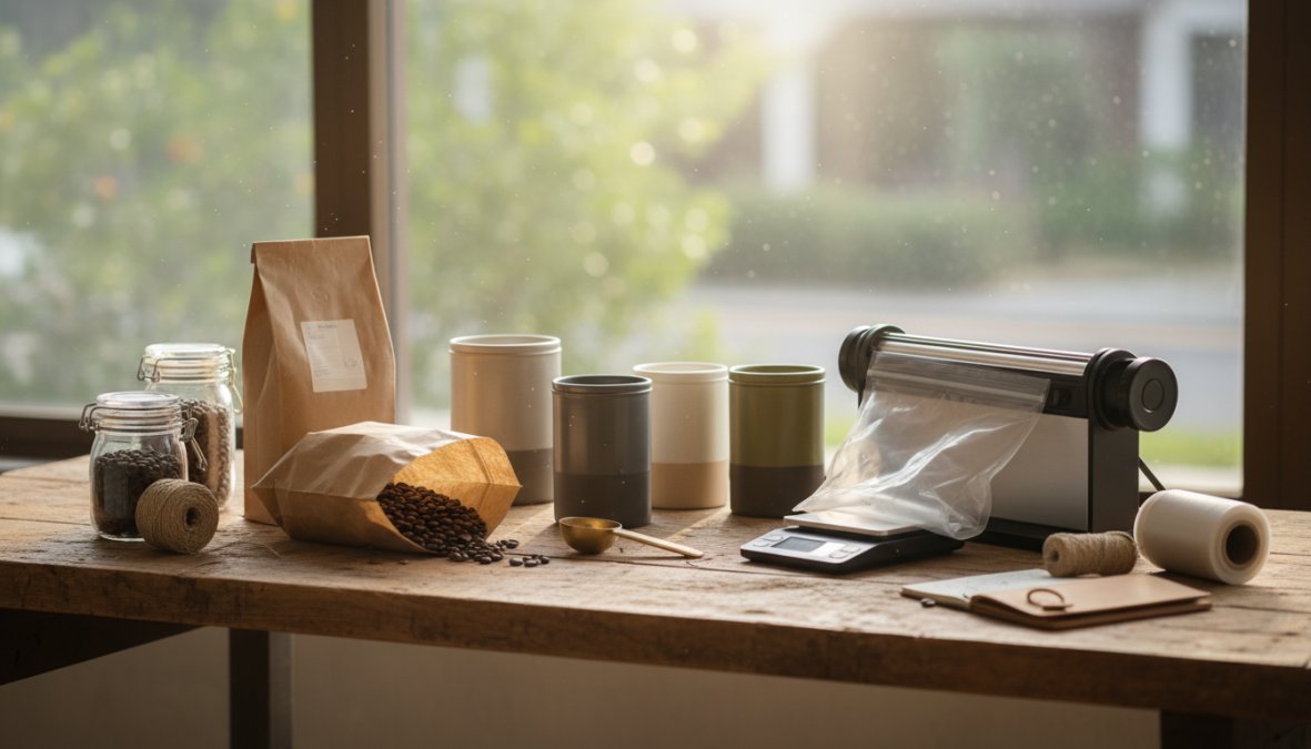 An airtight glass canister filled with dark whole bean coffee sitting on a clean kitchen counter next to a sealed kraft coffee bag, with soft morning light streaming through a nearby window
