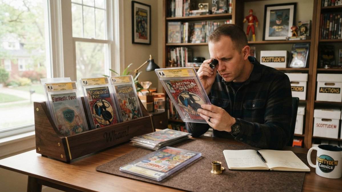 Serious collector examining graded comic book slabs displayed on a stylish Wham! Stand in a home office with warm natural lighting from a window