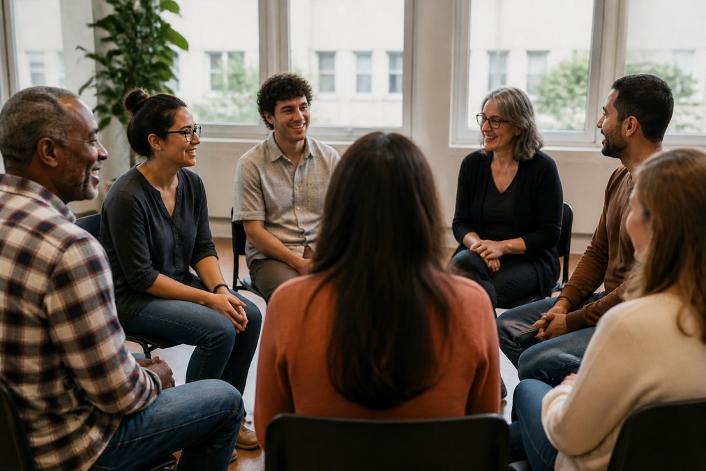 Diverse group of people from different backgrounds sitting together in a circle during a community meeting, smiling and engaged in conversation, warm natural lighting from windows