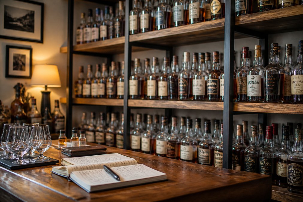 A well-organized home bar shelf displaying dozens of bourbon bottles with tasting glasses and handwritten notes nearby, warm ambient lighting