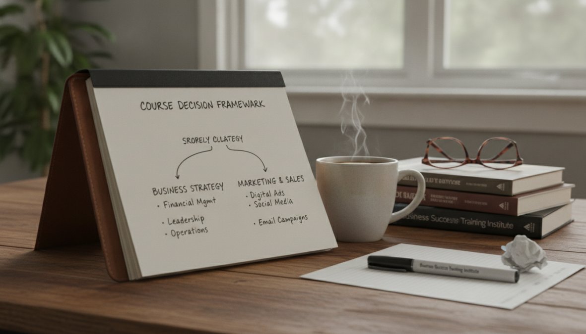 Business owner at desk reviewing course options on laptop with notepad and coffee, thoughtfully evaluating choices in bright morning light