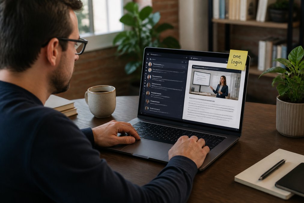 Manager uses a laptop to access team chats and the best online courses for managing remote business teams simultaneously.