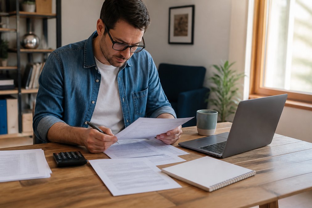 Small business owner sitting at a wooden desk reviewing printed financial statements and balance sheets with a calculator, pen, and laptop nearby in a bright home office